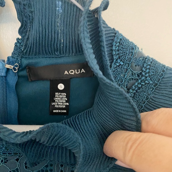 AQUA (Bloomingdale’s) Teal/Forest Green Lace dress with ruffles and mock neck - Picture 3 of 3